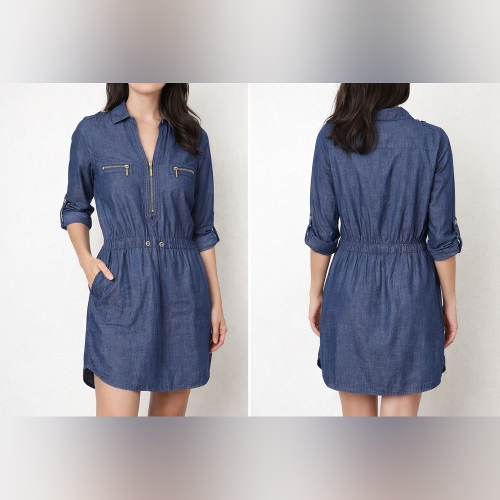 Eighty Eight Dark Blue Denim Shirt Dress Zip Front Long Sleeve Casual Size M